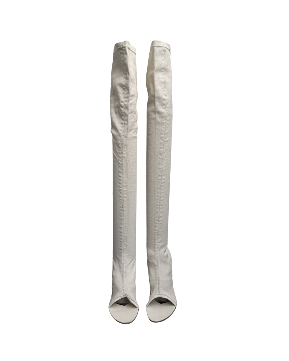 Plein Sud White Leather Open Toe Thigh High Boots