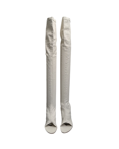 Plein Sud White Leather Open Toe Thigh High Boots