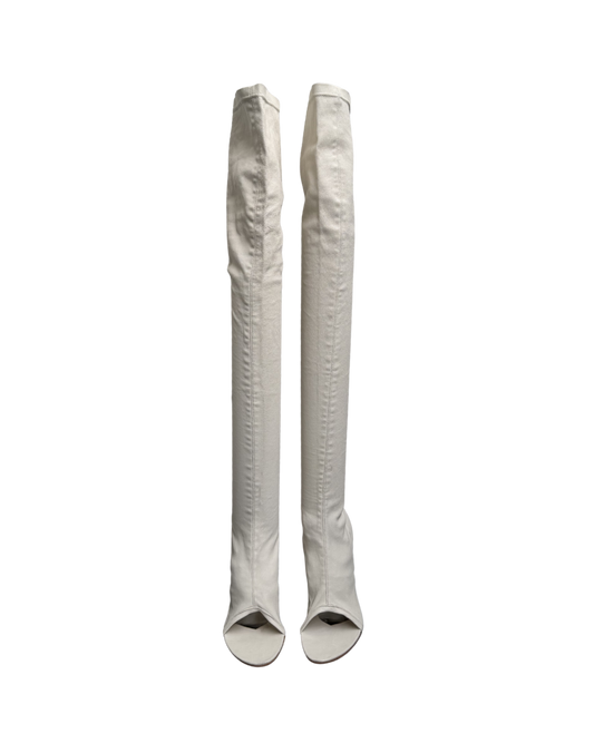 Plein Sud White Leather Open Toe Thigh High Boots