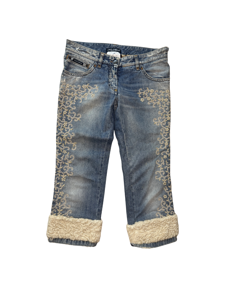 Dolce & Gabbana Shearling Trimmed Denim Capri Jeans