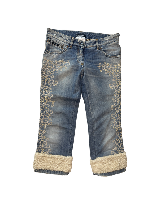 Dolce & Gabbana Shearling Trimmed Denim Capri Jeans