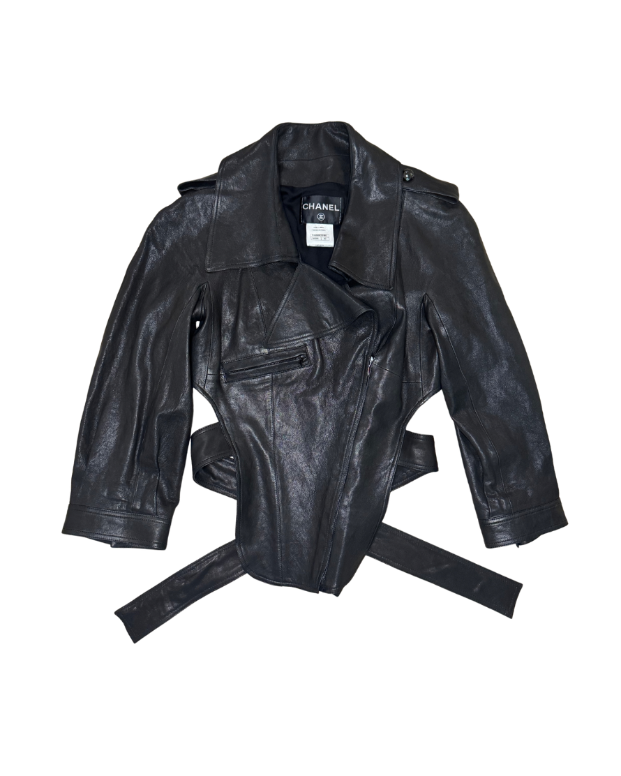 Chanel Black Asymmetrical Backless Leather Tie Jacket