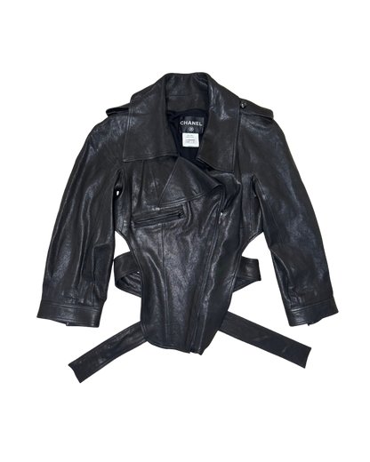 Chanel Black Asymmetrical Backless Leather Tie Jacket