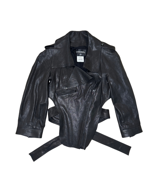 Chanel Black Asymmetrical Backless Leather Tie Jacket