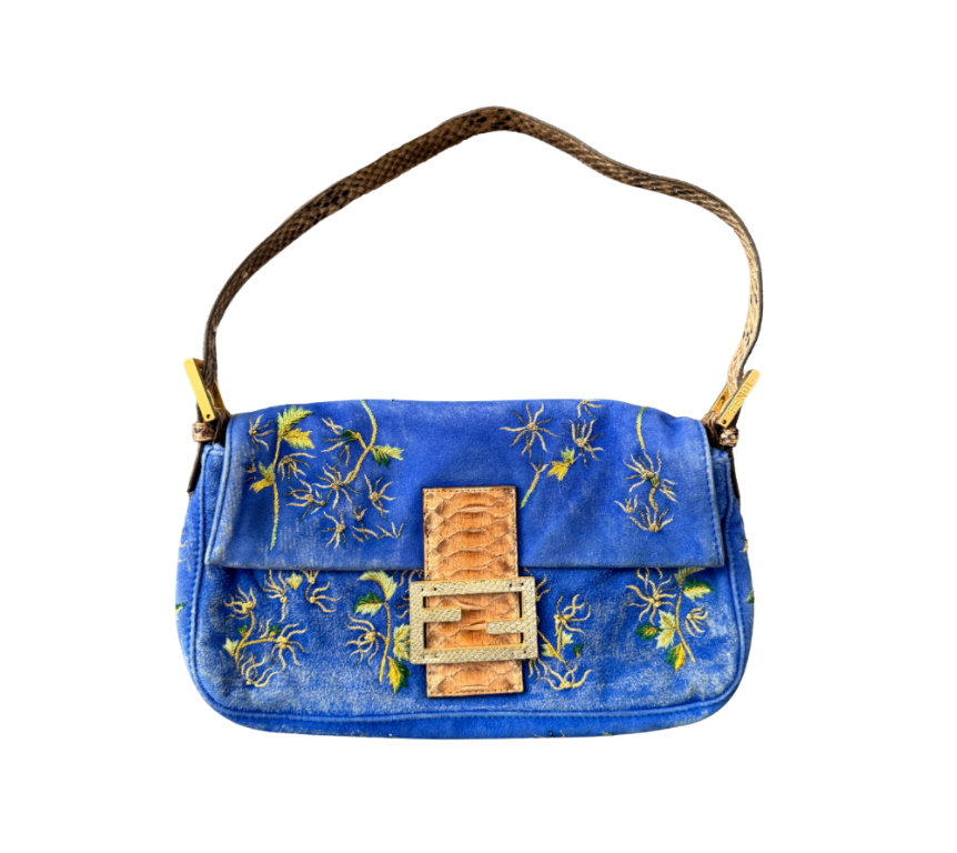 Fendi Blue Suede Embroidered Snakeskin Baguette Bag