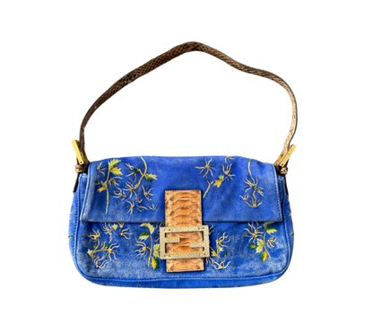 Fendi Blue Suede Embroidered Snakeskin Baguette Bag