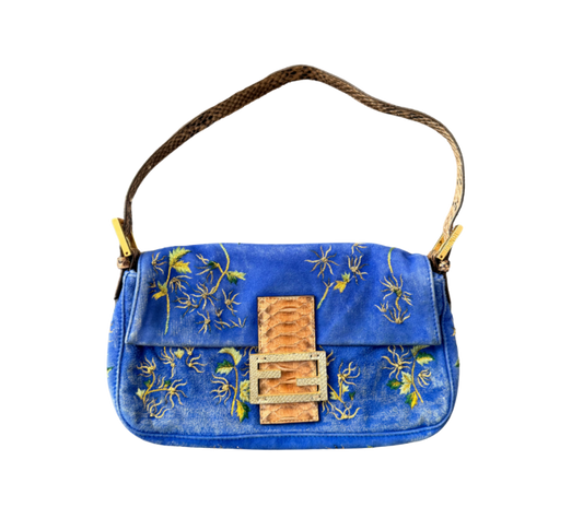 Fendi Blue Suede Embroidered Snakeskin Baguette Bag