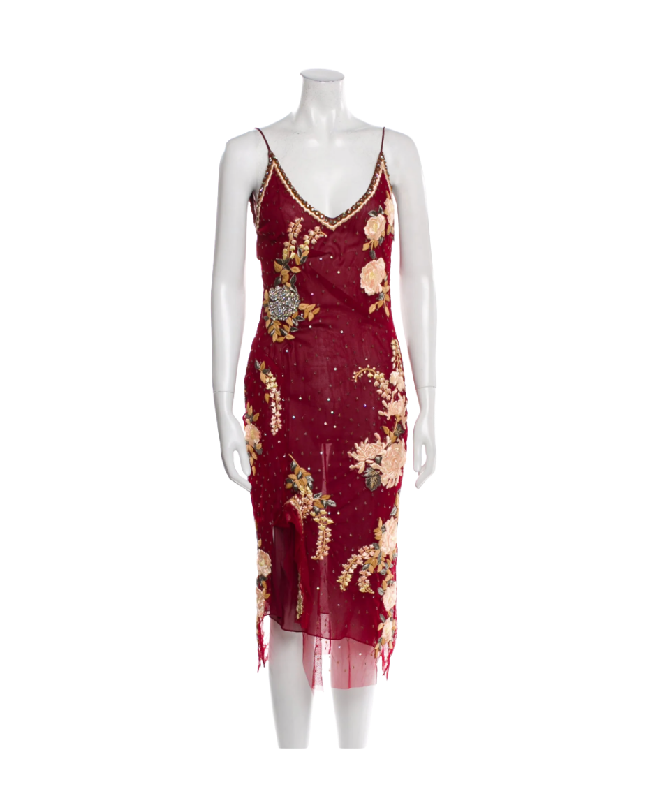Blumarine Red Beaded Midi Slip Dress