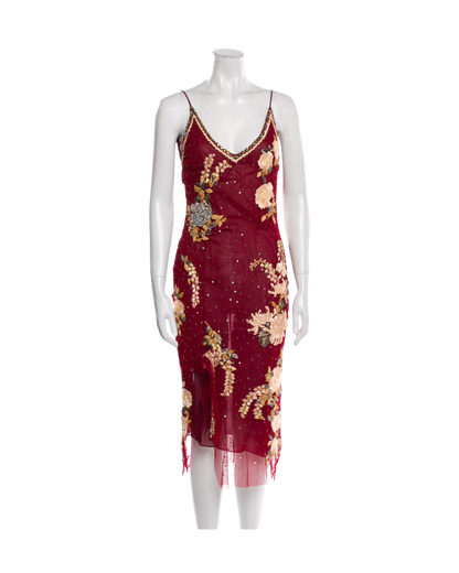Blumarine Red Beaded Midi Slip Dress