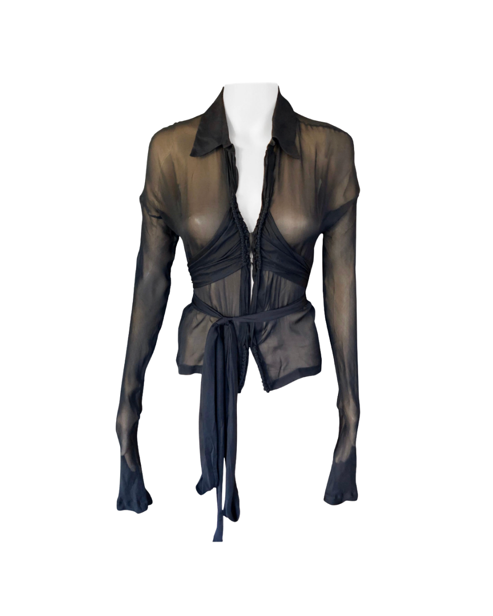 Gucci Silk Sheer Long Sleeve Corset Tie Top
