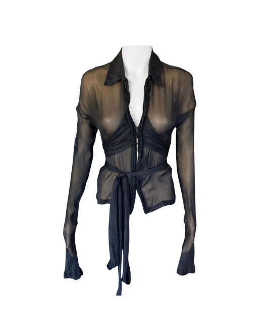 Gucci Silk Sheer Long Sleeve Corset Tie Top