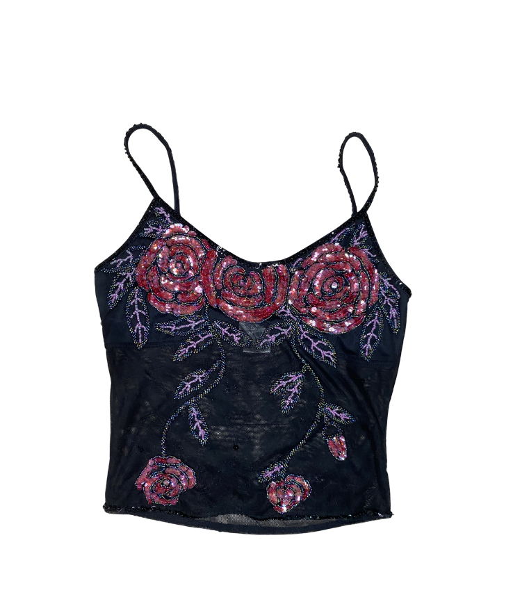 Caché Rose Beaded Mesh Tank Top