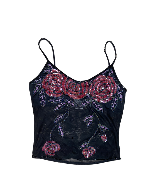 Caché Rose Beaded Mesh Tank Top