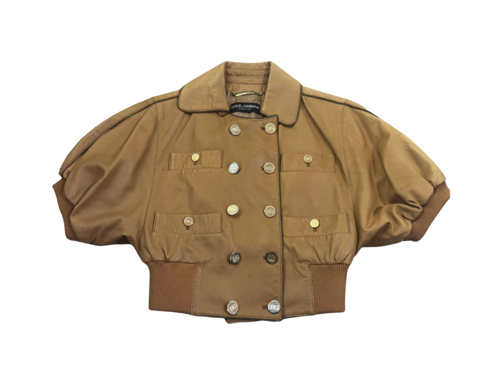 Dolce & Gabbana Tan Cropped Short Sleeve Leather Bomber Jacket
