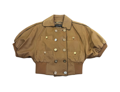Dolce & Gabbana Tan Cropped Short Sleeve Leather Bomber Jacket