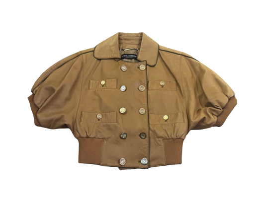 Dolce & Gabbana Tan Cropped Short Sleeve Leather Bomber Jacket