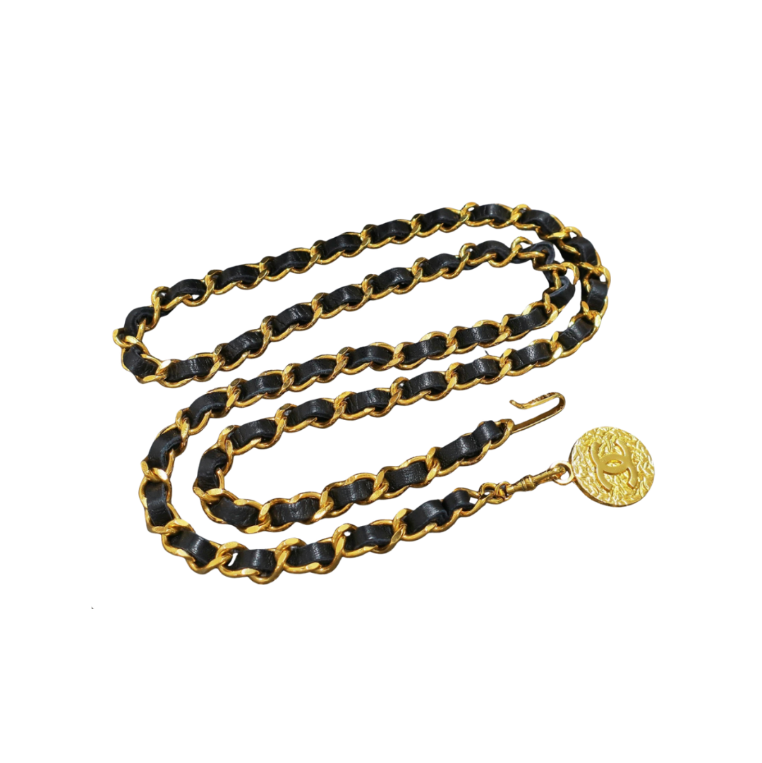Chanel Gold Plated Black Leather Belt