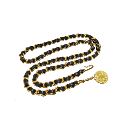 Chanel Gold Plated Black Leather Belt