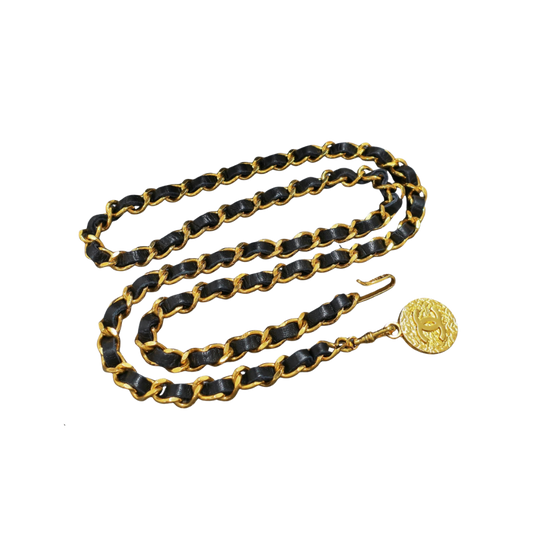 Chanel Gold Plated Black Leather Belt