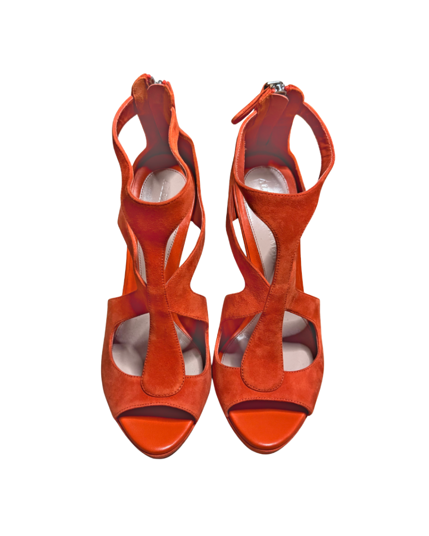 Alexander McQueen Orange Suede Platform Horn Heels