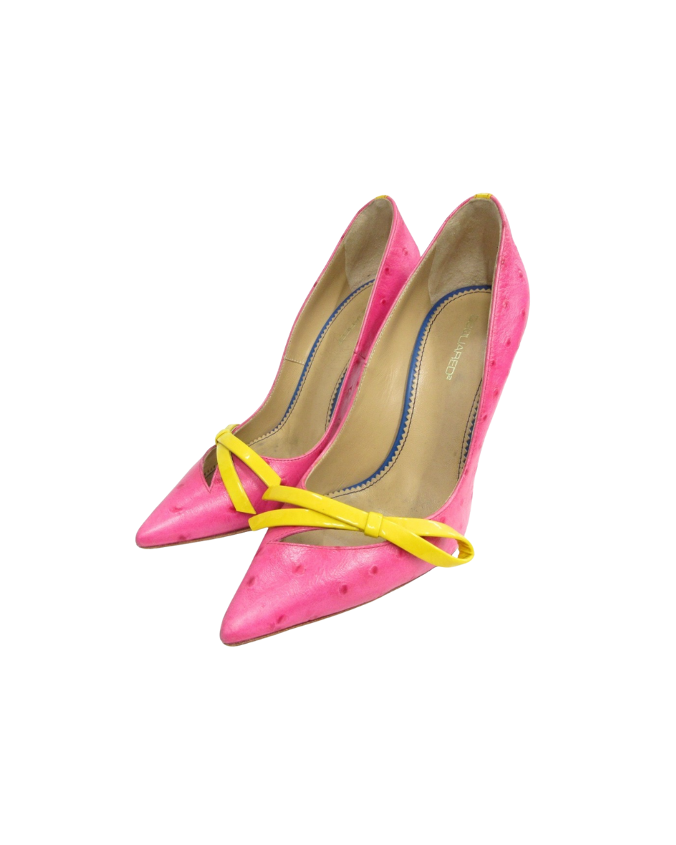 Dsquared² Pink Ostrich Style Heels w/ Yellow Bows