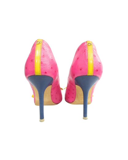 Dsquared² Pink Ostrich Style Heels w/ Yellow Bows