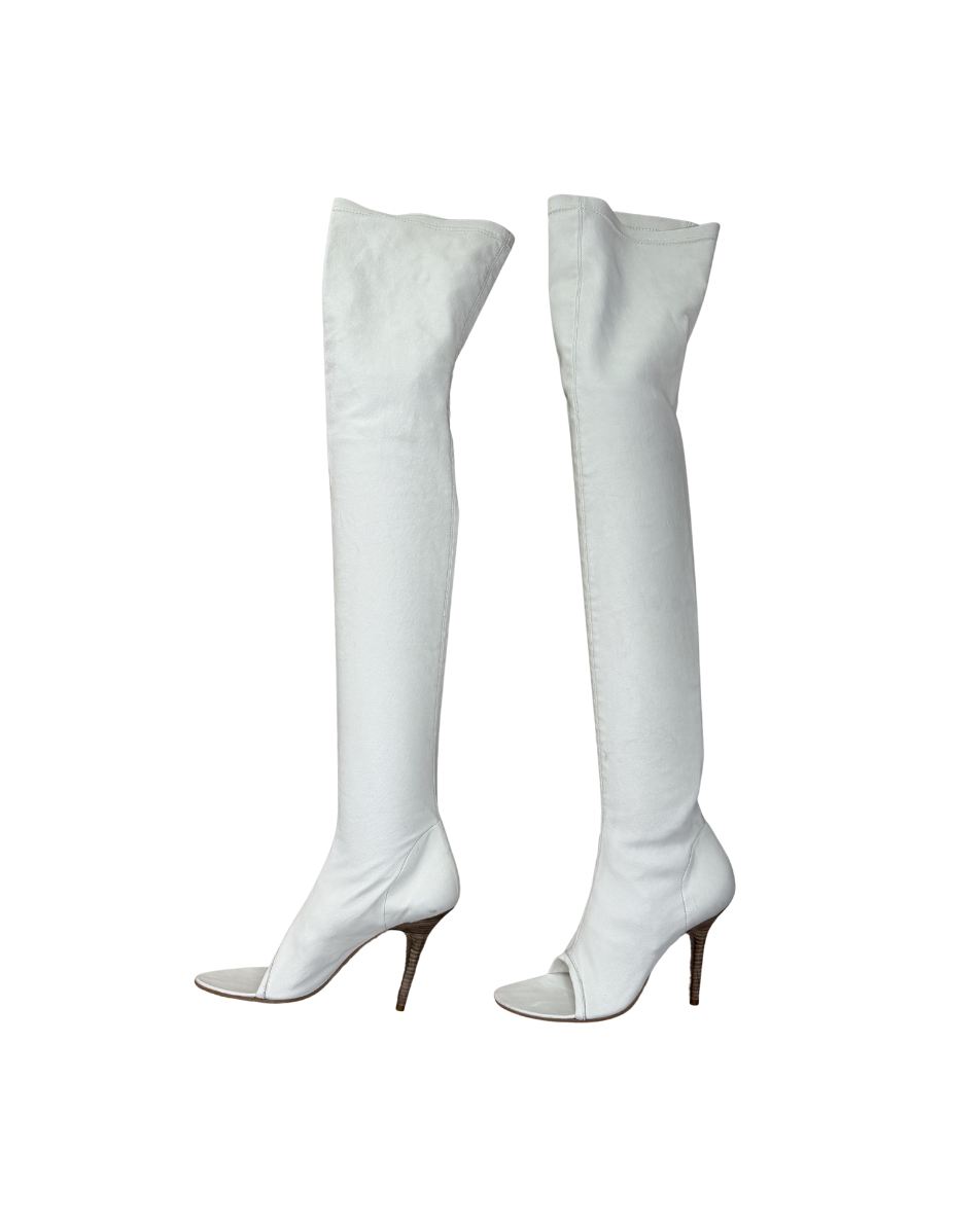 Plein Sud White Leather Open Toe Thigh High Boots