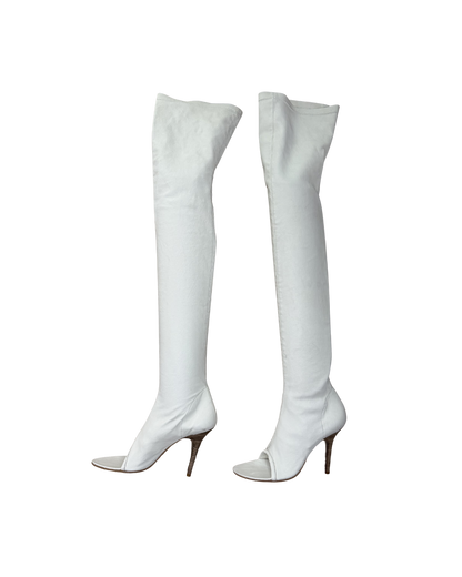 Plein Sud White Leather Open Toe Thigh High Boots
