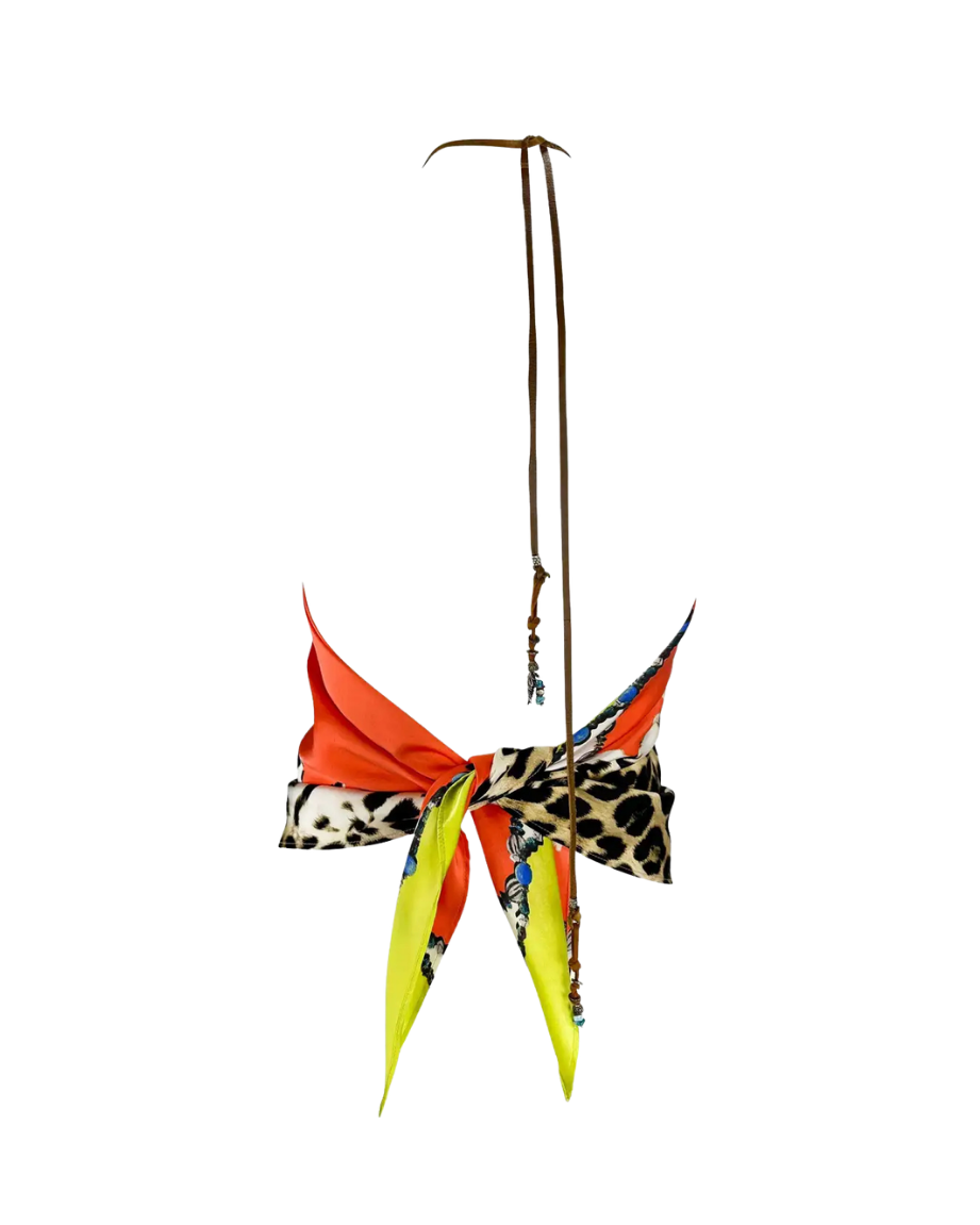 Roberto Cavalli Leopard Silk Leather Halter Scarf Top