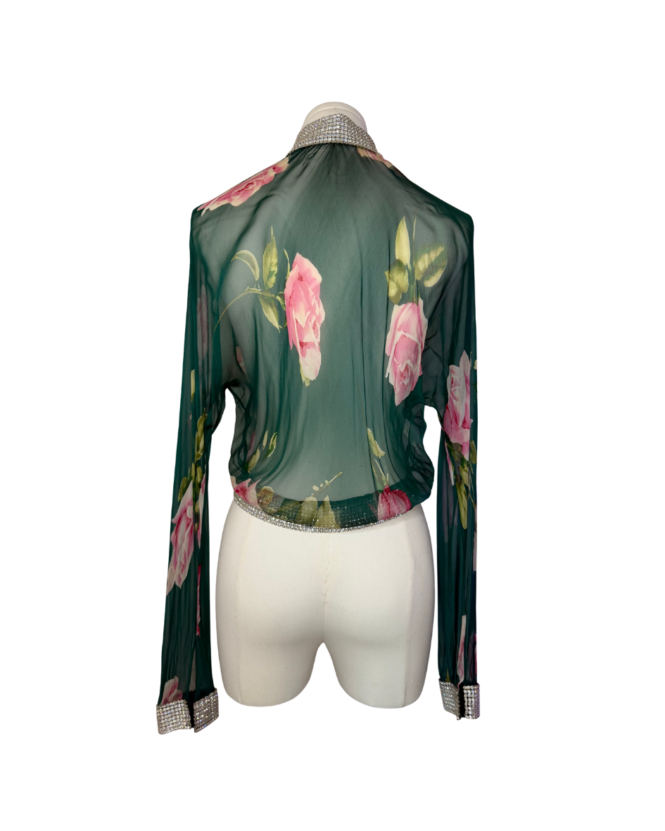 Dolce & Gabbana Rhinestone Trimmed Sheer Rose Top