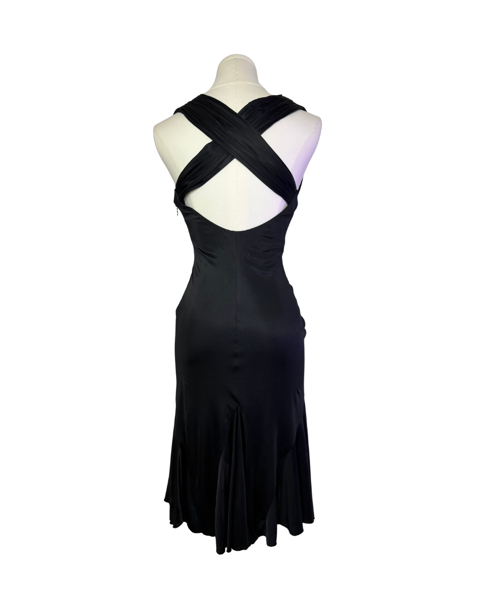 Versace Plunging Ruched Ruffles Black Dress