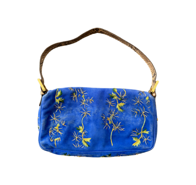 Fendi Blue Suede Embroidered Snakeskin Baguette Bag