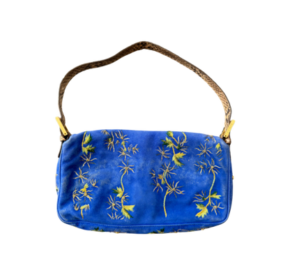 Fendi Blue Suede Embroidered Snakeskin Baguette Bag