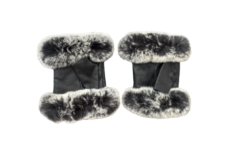 Chanel Black Leather & Fur Lined Fingerless Gloves