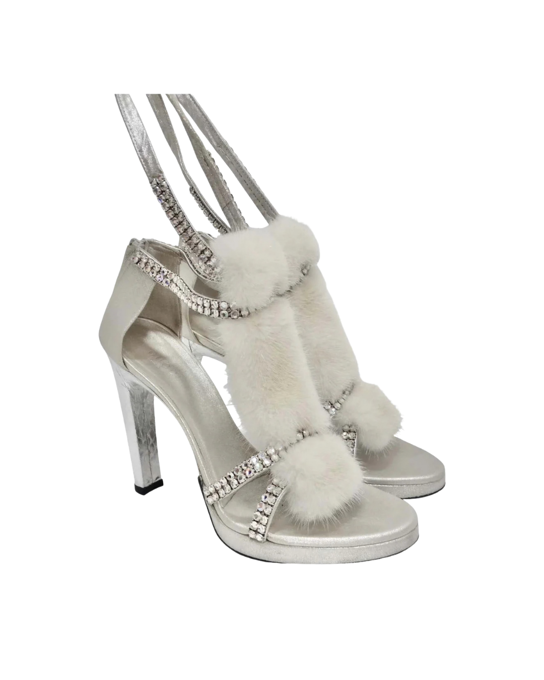 Gucci by Tom Ford Silver Strappy White Mink Crystal Heels