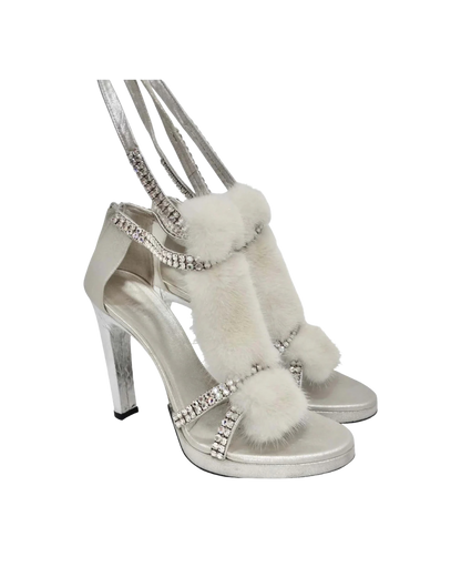 Gucci by Tom Ford Silver Strappy White Mink Crystal Heels