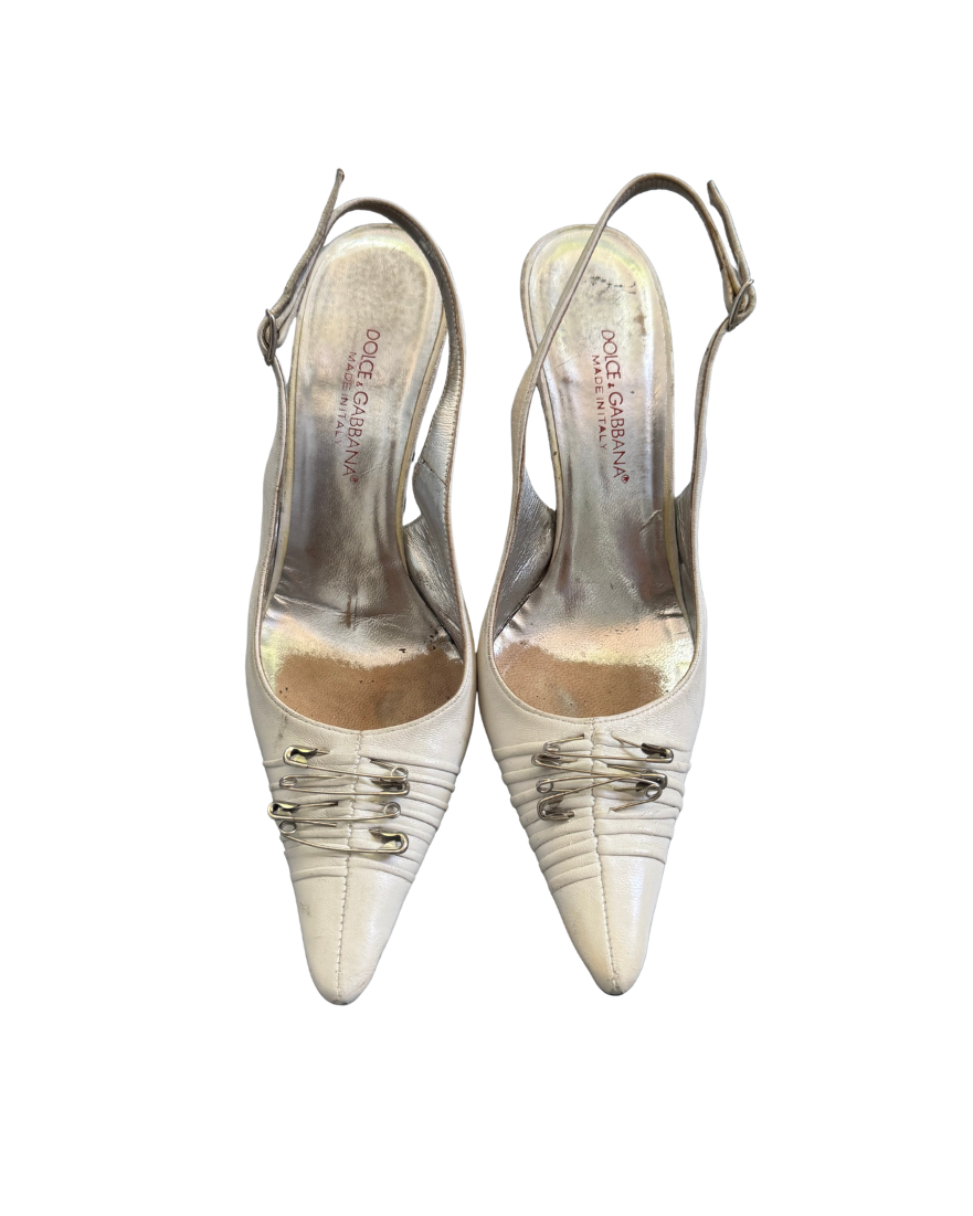 Dolce & Gabbana White Safety Pin Slingback Heels