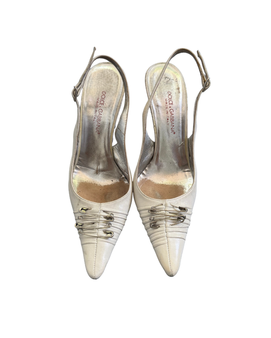Dolce & Gabbana White Safety Pin Slingback Heels