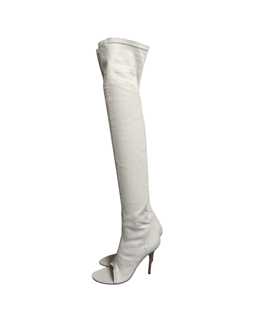 Plein Sud White Leather Open Toe Thigh High Boots