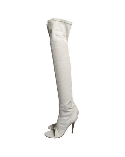 Plein Sud White Leather Open Toe Thigh High Boots
