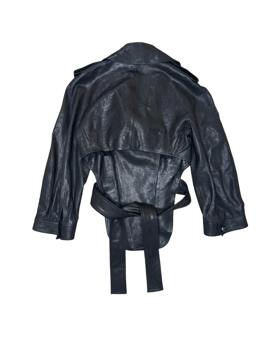 Chanel Black Asymmetrical Backless Leather Tie Jacket