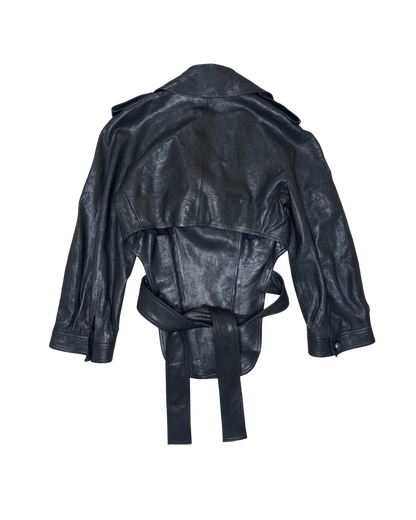 Chanel Black Asymmetrical Backless Leather Tie Jacket