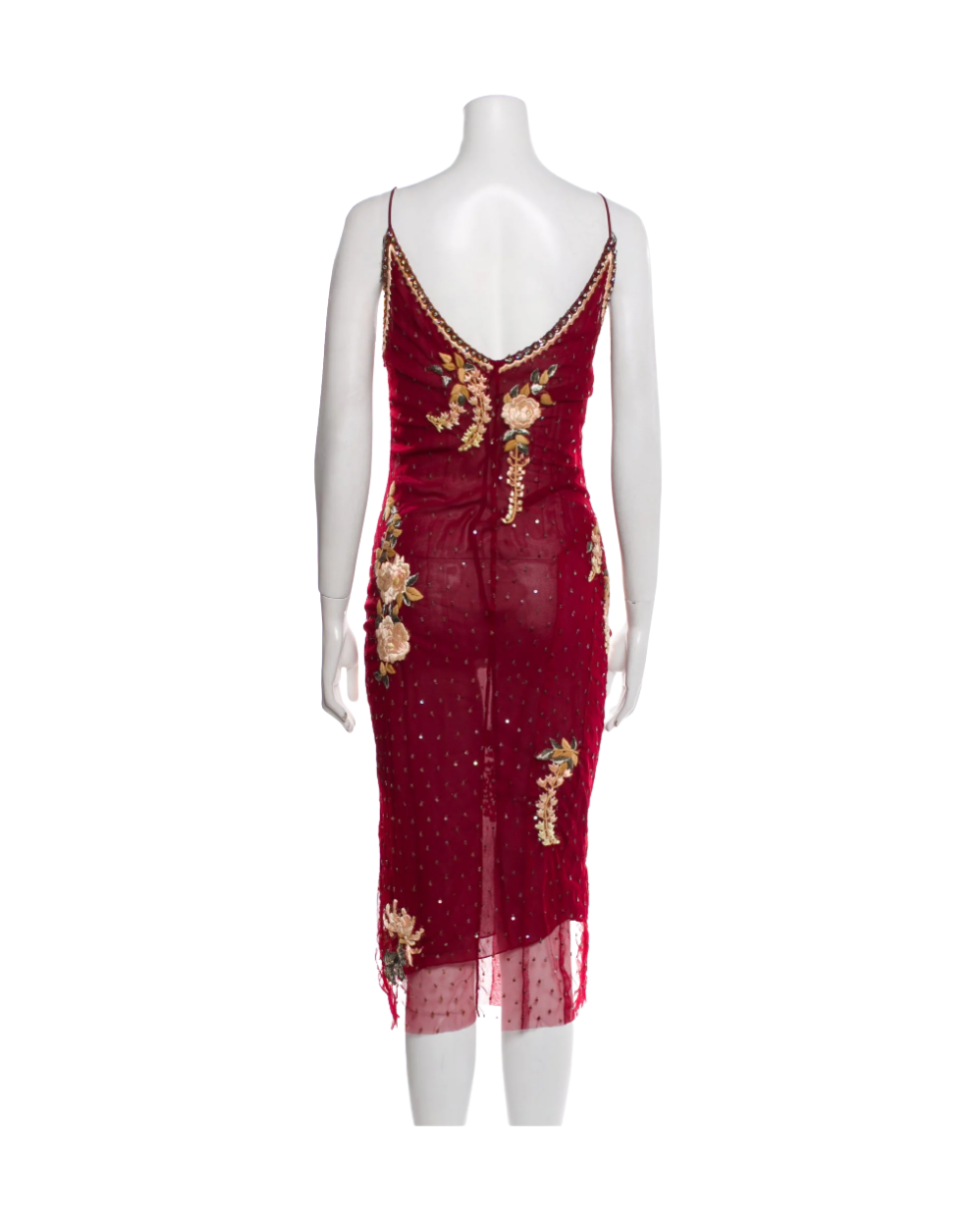 Blumarine Red Beaded Midi Slip Dress
