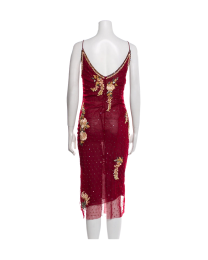 Blumarine Red Beaded Midi Slip Dress