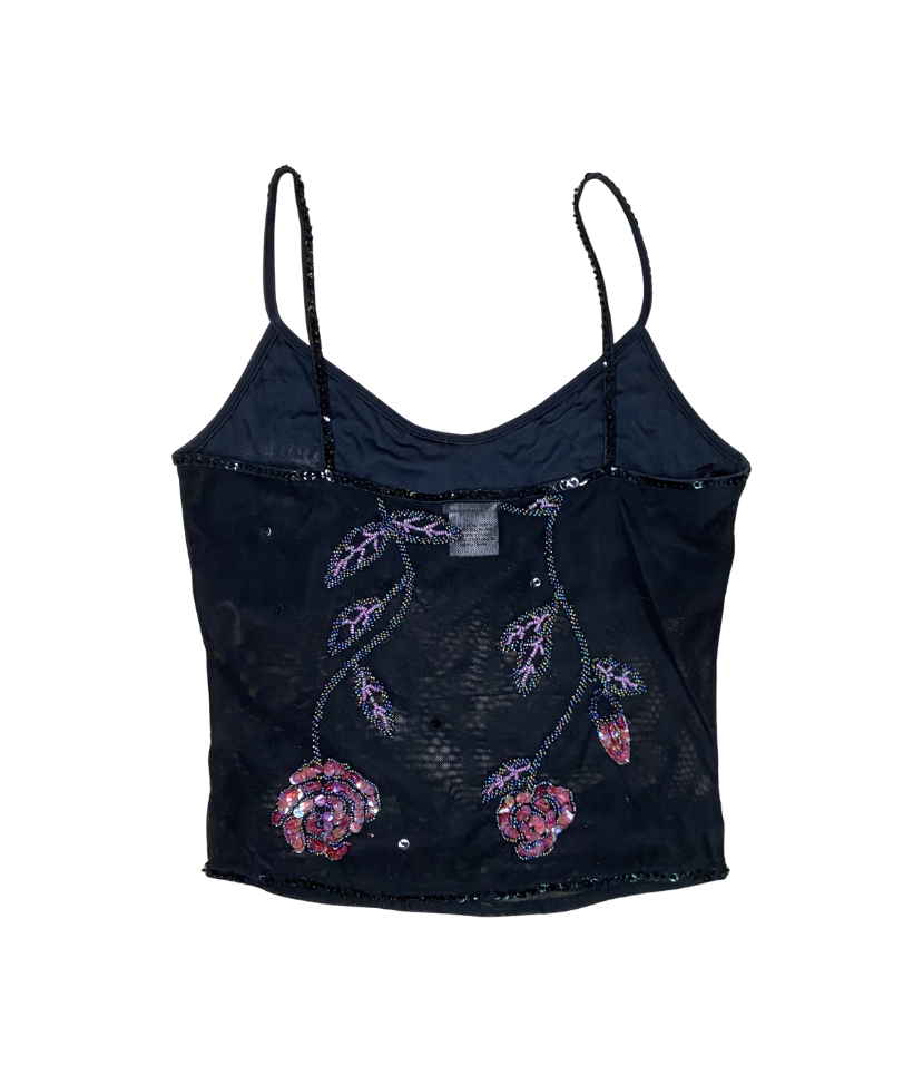 Caché Rose Beaded Mesh Tank Top