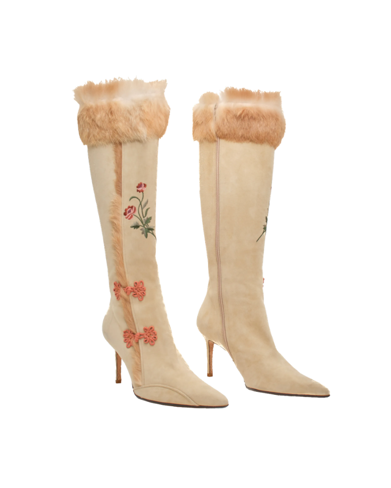 John Galliano Suede Rabbit Fur Detailed Boots