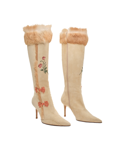 John Galliano Suede Rabbit Fur Detailed Boots
