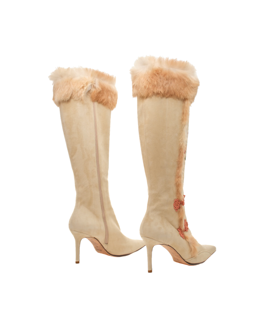 John Galliano Suede Rabbit Fur Detailed Boots