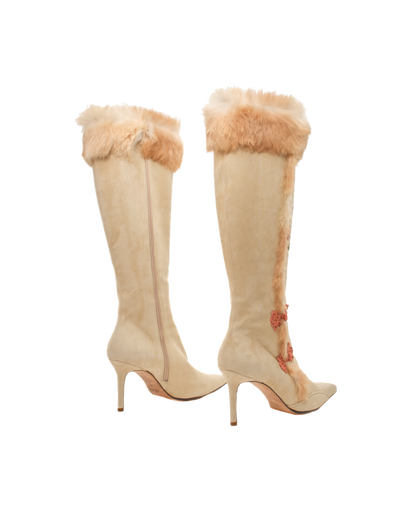 John Galliano Suede Rabbit Fur Detailed Boots