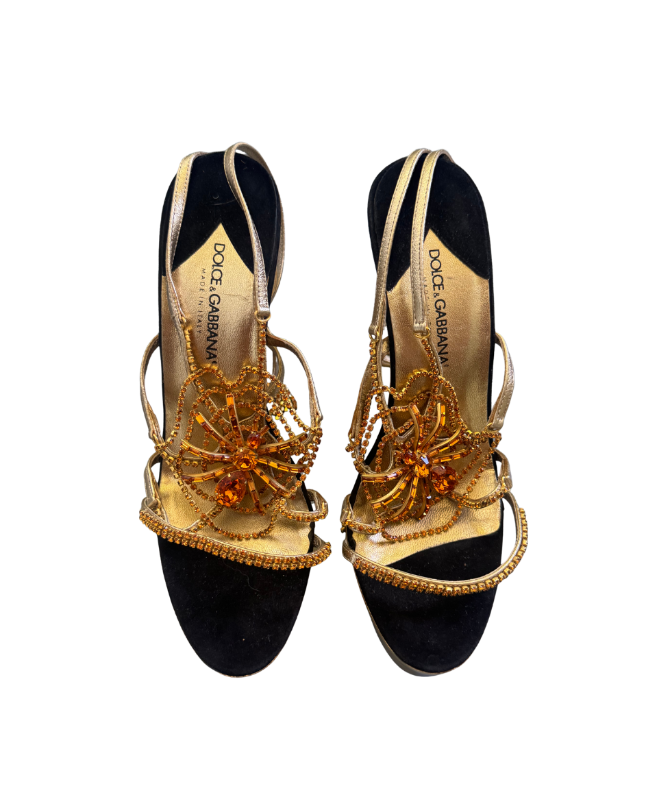 Dolce & Gabbana Gold Crystal Spider Web Platform Sandals